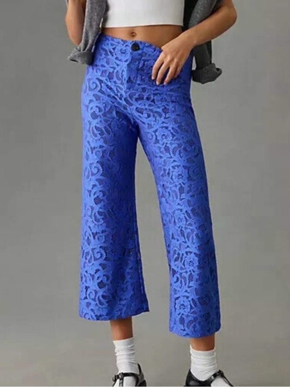 Maeve Cobalt Lace Cropped Wide-Leg Pants